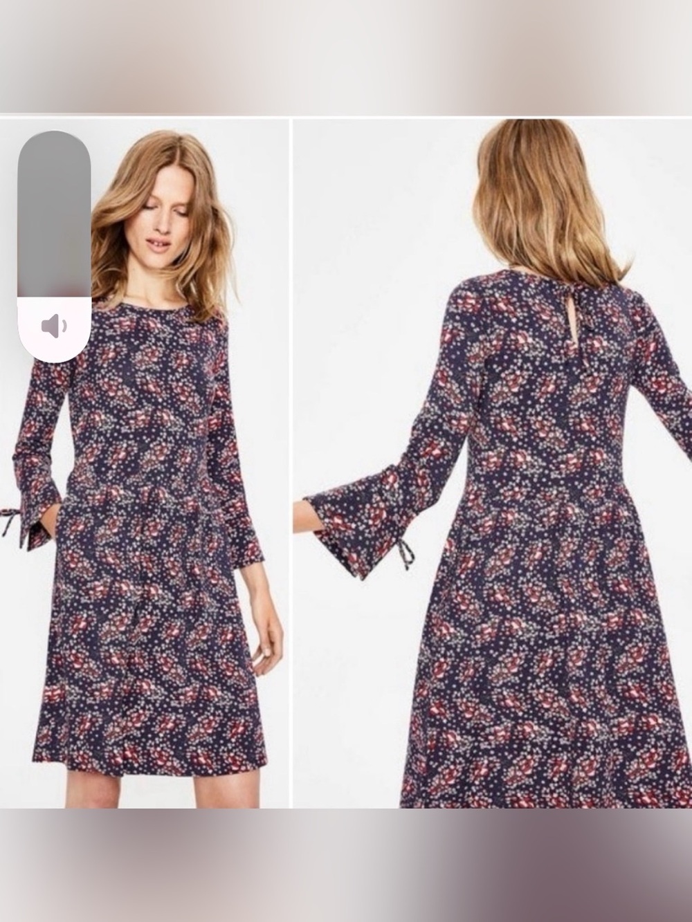 Boden Posie Jersey Bell Sleeve Dress Womens Size 8 Regular Floral Blue Flowers